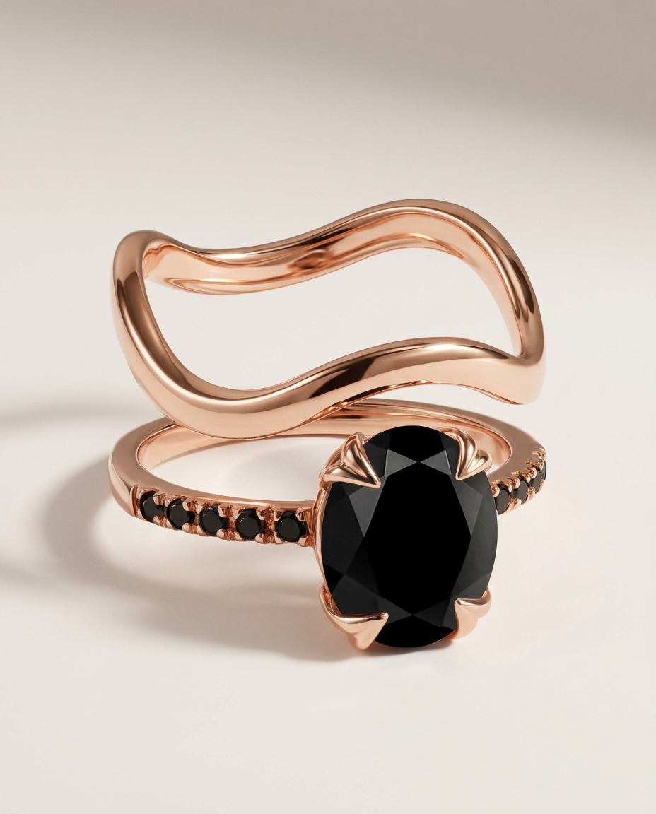 Lumière & Onde Duo · Black Obsidian & Black Spinel · 18k Rose Gold Vermeil