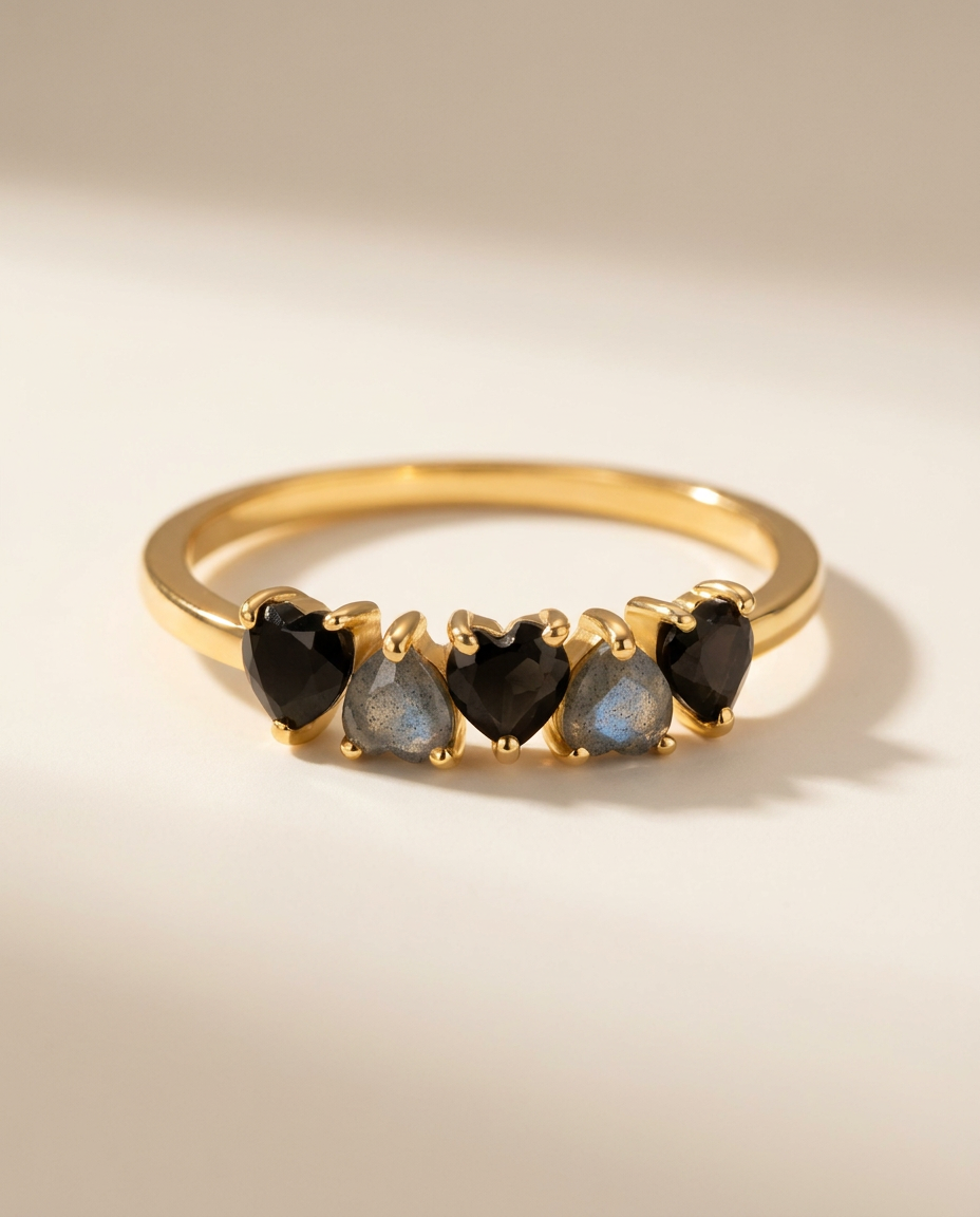 Cœur Ring · Black Obsidian & Labradorite · 18k Gold Vermeil