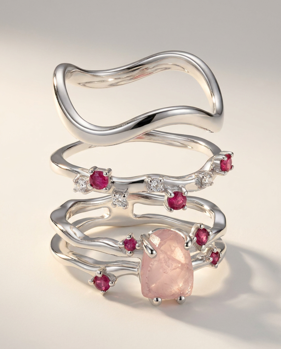 Rivière Trio · Rose Quartz & Ruby · 925 Sterling Silver