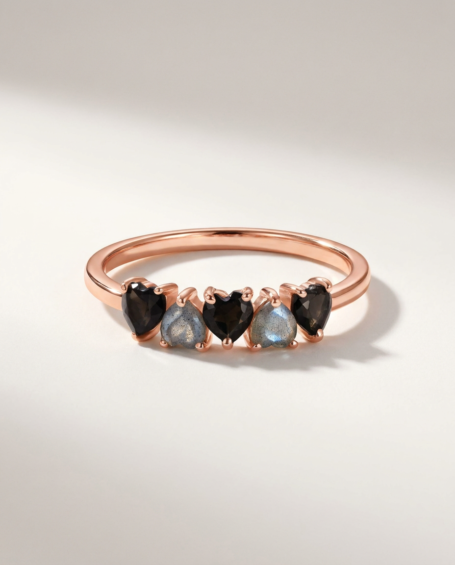 Cœur Ring · Black Obsidian & Labradorite · 18k Rose Gold Vermeil