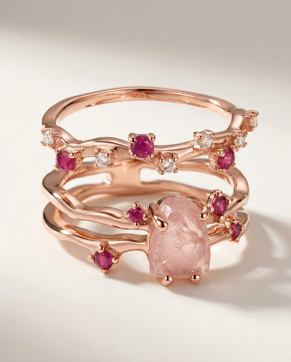 Rivière & Étoile Duo · Rose Quartz & Ruby · 18k Rose Gold Vermeil